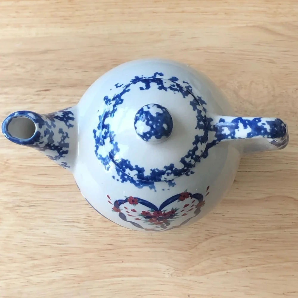 Nantucket Country Hearts Stacking Tea Pot & Cup 16oz Tea for One Vintage Ceramic